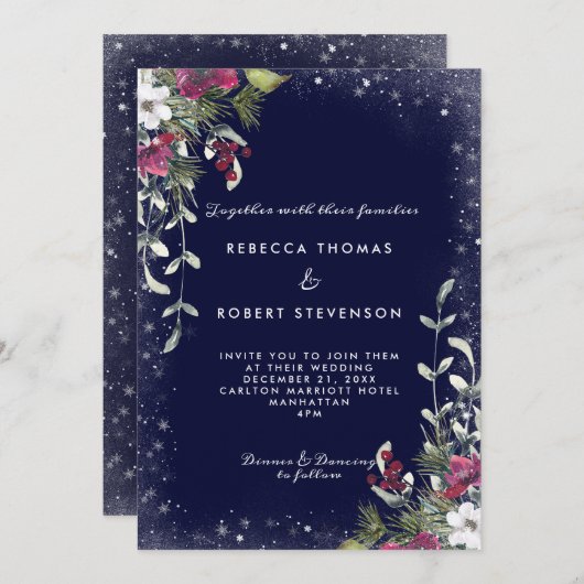 Invitation mariage de Noël des flores d'hiver de la marine (Devant / Derrière)