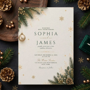 Invitation Mariage de Noël élégant et doré à feuilles persist