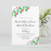 Invitation Mariage de Noël Élégant Script Aquarelle Baie (Debout devant)
