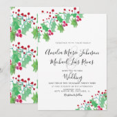 Invitation Mariage de Noël Élégant Script Aquarelle Baie (Devant / Derrière)