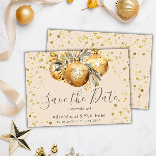 Invitation Mariage de Noël en beige or Enregistrer la date