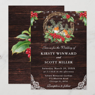 Invitation Mariage de Noël en bois rustique avec Robin et Hol