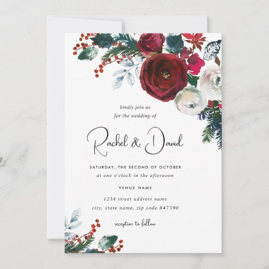 Invitation Mariage de Noël Fleurie Rouge Bourgogne (Devant)