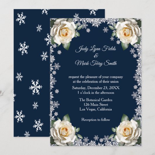 Invitation Mariage de Noël Flocon de Neige Roses Blanches (Devant / Derrière)