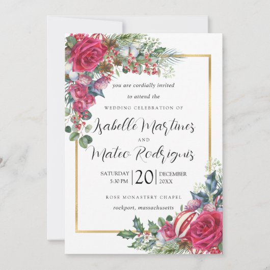 Invitation Mariage de Noël Floral Élégant Rouge et Blanc (Devant)