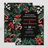 Invitation Mariage de Noël floral noir (Devant / Derrière)