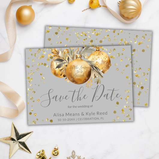 Invitation Mariage de Noël Gold Grey Enregistrer la date