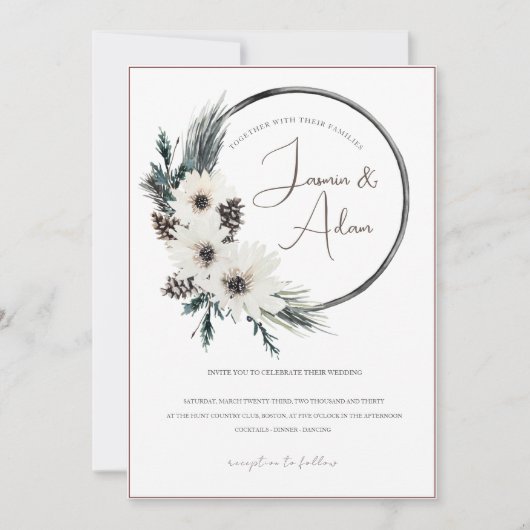 Invitation Mariage de Noël gothique blanc fleuri (Devant)