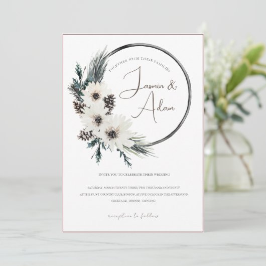 Invitation Mariage de Noël gothique blanc fleuri (Debout devant)