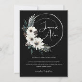 Invitation Mariage de Noël gothique noir blanc fleuri (Devant)
