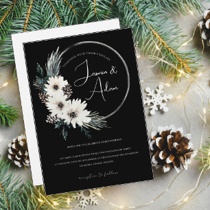 Invitation Mariage de Noël gothique noir blanc fleuri