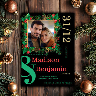 Invitation Mariage de Noël Moderne Gras Photo Houx Baies