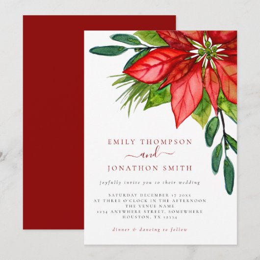 Invitation Mariage de Noël Rouge Poinsettia Foliing (Devant / Derrière)