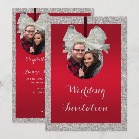 Invitation Mariage de Noël Ruby Rouge Élégant et Bauble Brill (Devant / Derrière)