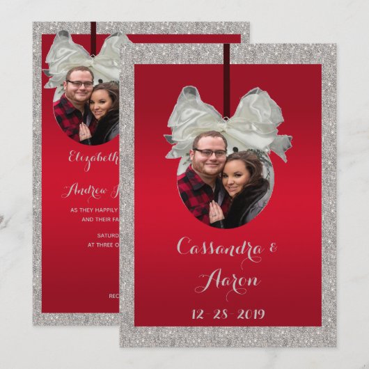 Invitation Mariage de Noël Ruby Rouge Élégant et Bauble Brill (Devant / Derrière)
