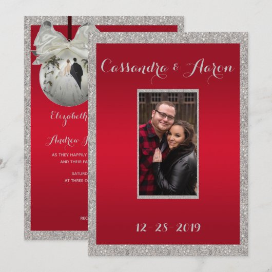 Invitation Mariage de Noël Ruby Rouge Élégant et Bauble Brill (Devant / Derrière)