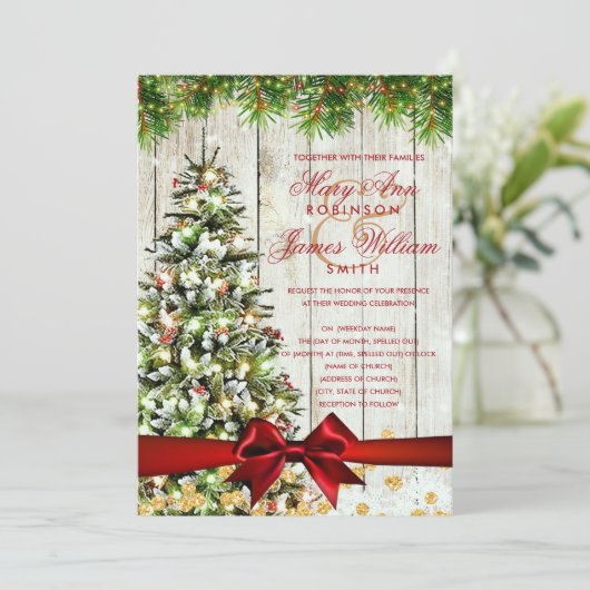 Invitation Mariage de Noël rustique Arbre Ruban Parties scint (Debout devant)