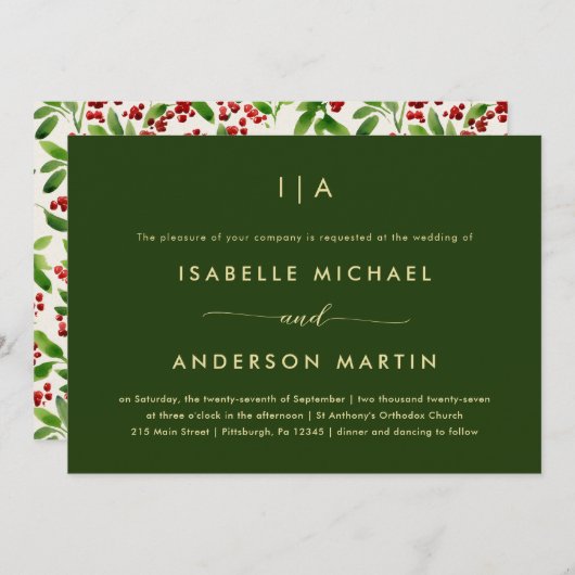 Invitation Mariage de Noël rustique Vert (Devant / Derrière)