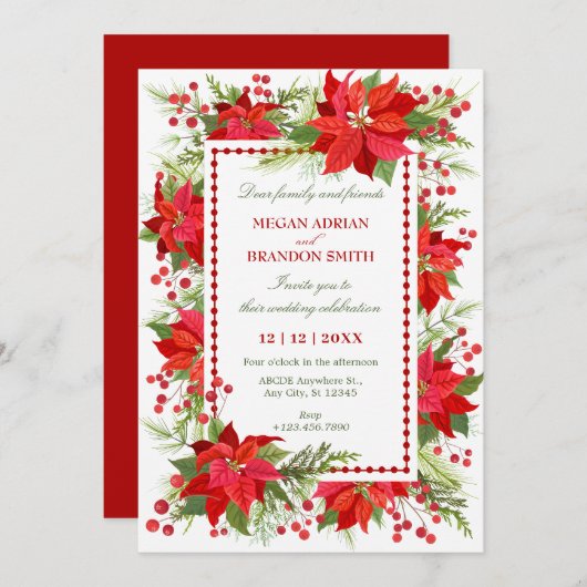 Invitation Mariage de noël vert vert de baies rouges (Devant / Derrière)