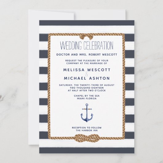 Invitation Mariage de noeud marin bleu et blanc (Devant)