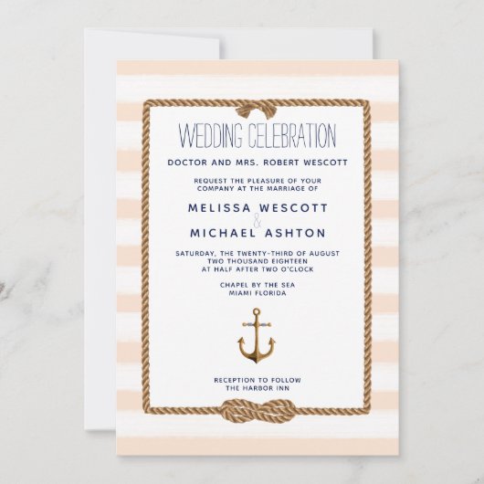 Invitation Mariage de noeud nautique à aquarelle douce Peach (Devant)