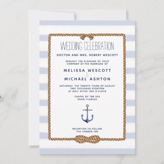 Invitation Mariage de noeud nautique bleu et blanc (Devant)