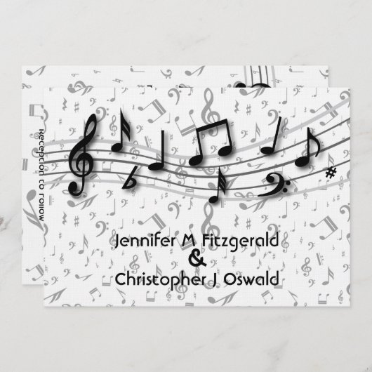 Invitation Mariage de notes musicales en noir et gris (Devant / Derrière)