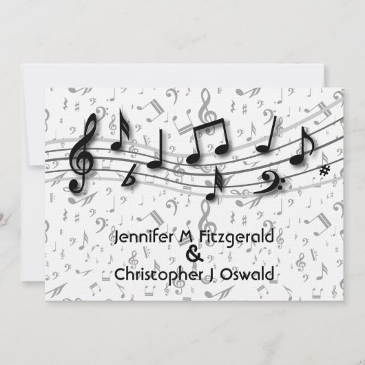 Invitation Mariage de notes musicales en noir et gris (Devant)
