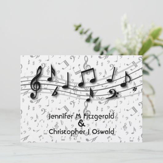 Invitation Mariage de notes musicales en noir et gris (Debout devant)