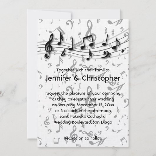 Invitation Mariage de notes musicales en noir et gris (Dos)