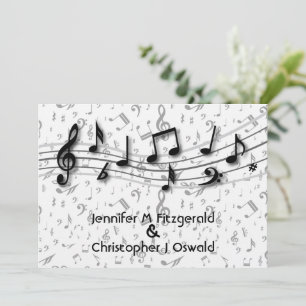 Invitation Mariage de notes musicales en noir et gris