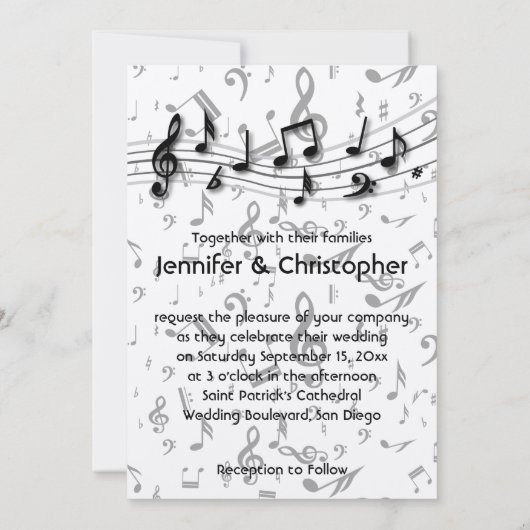 Invitation Mariage de notes musicales en noir et gris (Dos)