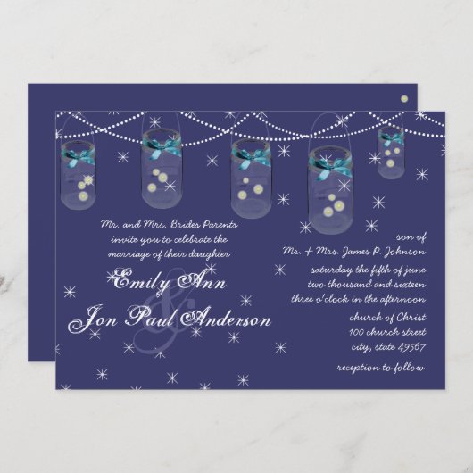 Invitation Mariage de nuit Marine Aqua Fleur Jaune Mason Jar (Devant / Derrière)