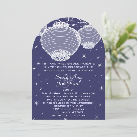 Invitation Mariage de nuit Marine & Silver Lanterns Stars Gar (Debout devant)