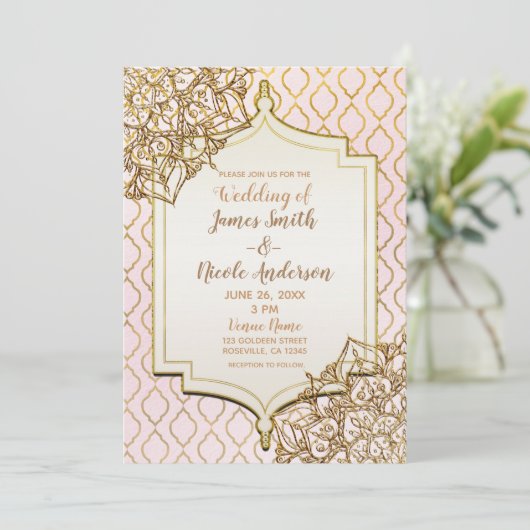 Invitation Mariage de Nuit Morocaine Arabesque Rose Doré (Debout devant)
