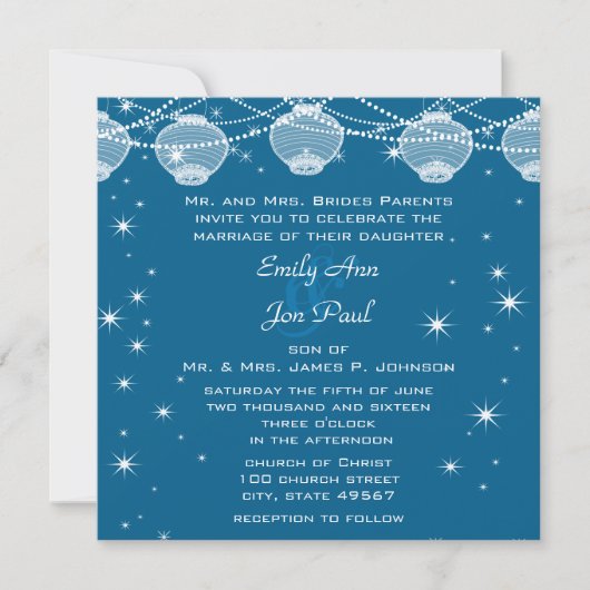 Invitation Mariage de nuit Turquoise & Silver Lanterns Stars  (Devant)