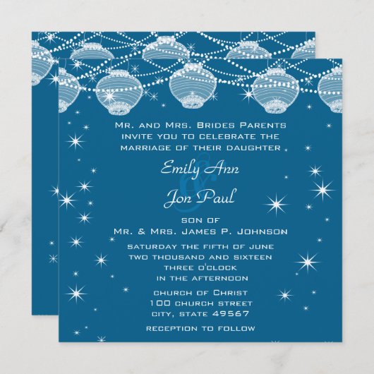 Invitation Mariage de nuit Turquoise & Silver Lanterns Stars  (Devant / Derrière)