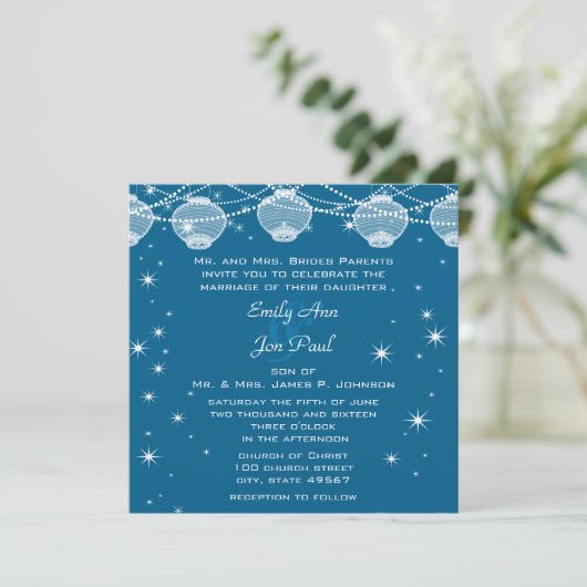 Invitation Mariage de nuit Turquoise & Silver Lanterns Stars  (Debout devant)