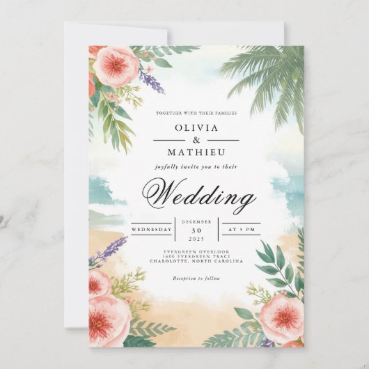 Invitation Mariage de palmier floral côtier (Devant)