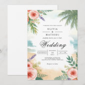 Invitation Mariage de palmier floral côtier (Devant / Derrière)