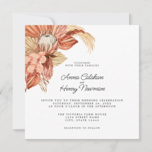 Invitation Mariage de Pampas Florale Séchée de Boho en terre  (Devant)