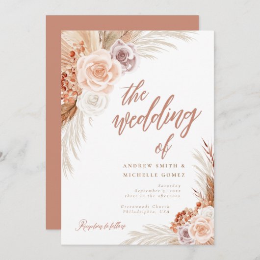 Invitation Mariage de Pampas Rose en terre cuite Boho (Devant / Derrière)