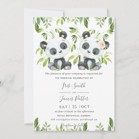 Invitation Mariage de pandas mignons sur fond de bambou vert (Devant)