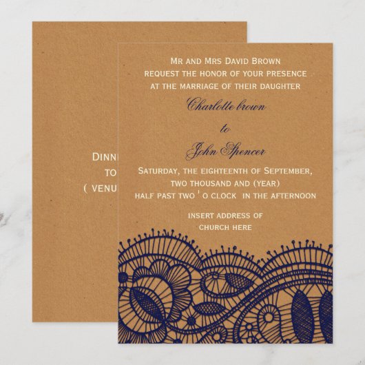 Invitation Mariage de papier de la marine dentelle et kraft (Devant / Derrière)