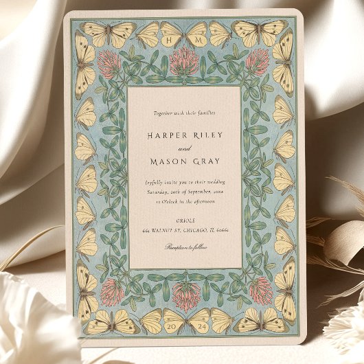 Invitation Mariage de papillon et de trèfle Art Nouveau