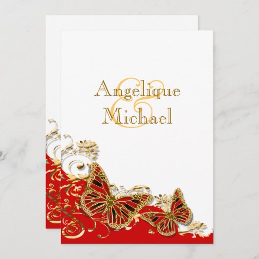 Invitation mariage de papillon rouge blanc (Devant / Derrière)