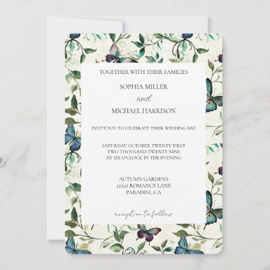 Invitation Mariage de papillons bleus tropicaux (Devant)