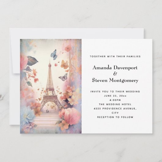 Invitation Mariage de papillons et fleurs Tour Eiffel (Devant)