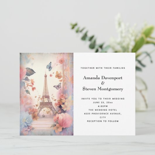 Invitation Mariage de papillons et fleurs Tour Eiffel (Debout devant)