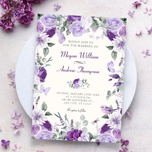 Invitation Mariage de papillons floraux violets